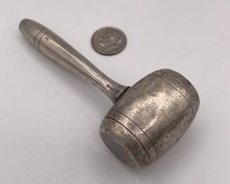 Another view of sterling silver mallet / gavel shaped baby rattle
