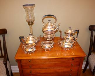 View of silver plated matching set of coffee pot, teapot, hot water kettle on stand, waste bowl, creamer, and lidded sugar bowl - altogether now!