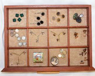 Collection of cufflinks, shirt studs, and enameled boxes