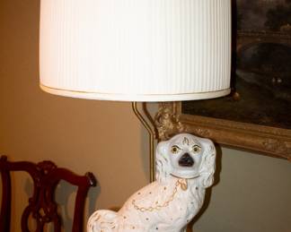Vintage Staffordshire dog figurine on carved wooden base, made into a shaded tabletop lamp