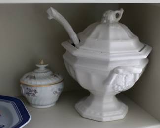 Antique Red-Cliff Ironstone octagonal white grape trophy soup tureen & ladle, made in England