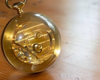 Another view of Tiffany & Company Paperweight table clock, c. 1965, acrylic, brass, enameled brass