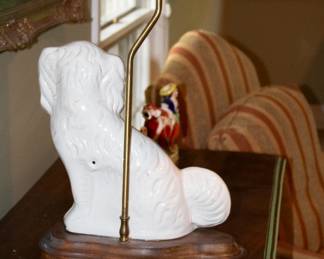 Other view of vintage Staffordshire dog figurine on carved wooden base, made into a shaded tabletop lamp