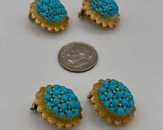 Two matched pairs of 18k gold and turquoise clip earrings, made in Italy
