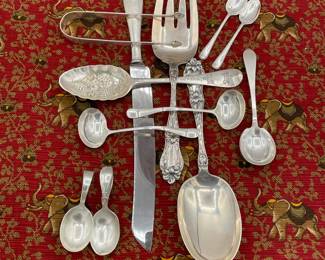 Sterling silver and silver plate serving spoons, teaspoons, sugar tongs, salad serving set