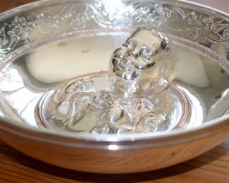 Another view of Silver plated bowl, decorated with the figure of Hercules as a child. The base enscribed Christofle & Cie, Tresor D'Hildesheim, Fac-simile Galvanique