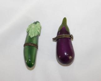 Charming vintage porcelain enameled lidded boxes in cucumber and eggplant form