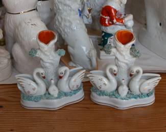 Pair of antique porcelain swan family spill vases