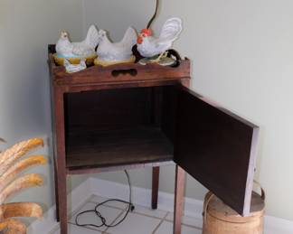 Another view of Georgian bedside cabinet / nightstand, standing on tapered legs and features a shaped gallery with pierced handles