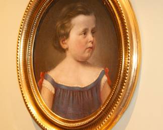 19th Century oil on canvas portrait of little girl, gilt frame 