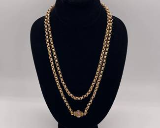 19th Century pinchbeck guard chain / necklace with textured round links and an elaborate barrel clasp with cannetille embellishment and set with amethysts