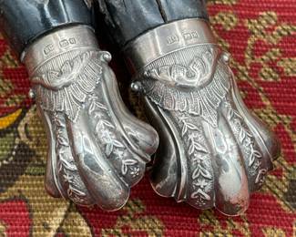 Another closeup of antique Victorian era stag horn silver plate collared fish knife and fork