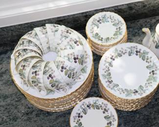 Royal Worcester "Lavinia" pattern fine bone china including dinner plates, coffee pot, cups and saucers, coffee cups, serving platter, and more
