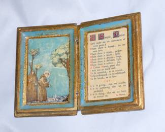 Small hand made wooden, painted collage and gilt two panel hinged religious icon or shrine