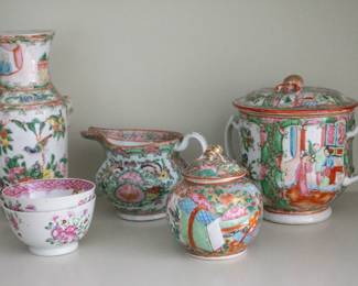 Closeup of some of the 19th Century Chinese export porcelain, Rose Mandarin pattern, and famille rose enamel porcelain tea cups