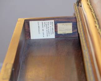Inside top drawer of antique 19th Century "bureau de dame" desk with cylinder movement top, finished with vernis Martin decoration; provenance from previous purchase