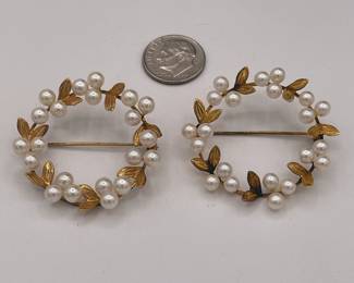 14k gold and cultured pearl brooches / scarf pins (also see matching earrings!)