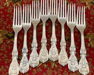 Another view of forks from the set of Reed & Barton Mirrorstele Francis I pattern sterling silver handle flatware