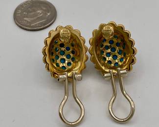 Closeup of backs of 18k gold and turquoise clip earrings, made in Italy
