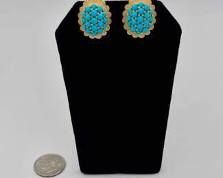 One of two pair of 18k gold and turquoise clip earrings, made in Italy