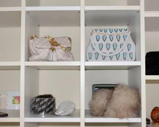 Vintage quilted leather and beaded handbags; Lord & Taylor faux fur earmuffs