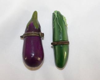 Charming vintage porcelain enameled lidded boxes in cucumber and eggplant form