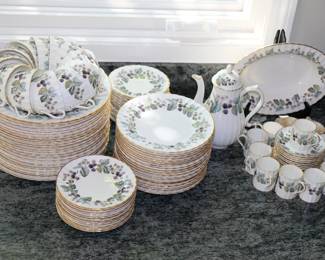 Royal Worcester "Lavinia" pattern fine bone china including dinner plates, coffee pot, cups and saucers, coffee cups, serving platter, and more