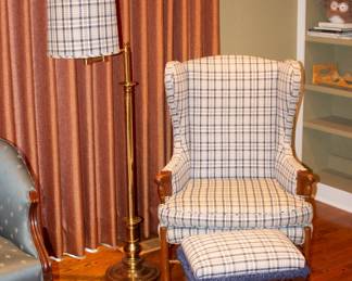 Vintage mid-century wingback chair with matching ottoman, standing swing arm floor lamp with matching shade!