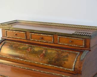 Closer look at top of antique 19th Century "bureau de dame" desk with cylinder movement top, finished with vernis Martin decoration
