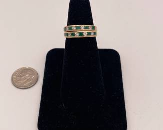 Another view of pair of 14k gold, emerald and diamond stacking rings, P&J maker's mark