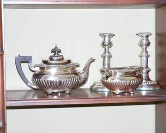Vintage silver plate tea pot, matching bowl / waste bowl, and pair of candlesticks