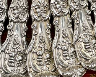 Closeup of Reed & Barton Mirrorstele Francis I pattern sterling silver handle flatware