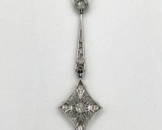 Reverse of 14k white gold and diamonds delicate chain link Art Deco lavalier pendant necklace, c. 1915