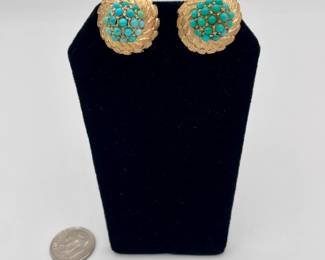 Pair of 14k gold and turquoise clip earrings