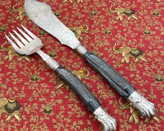 Antique Victorian era stag horn silver plate collared fish knife and fork