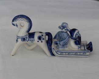 Hand-painted blue and white porcelain, family on horse-drawn sled, Gzhel makers mark, Russia
