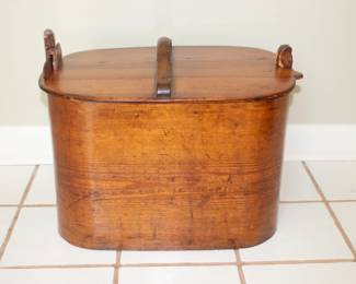 Antique hand-crafted curved wooden lidded basket with handle and side latches