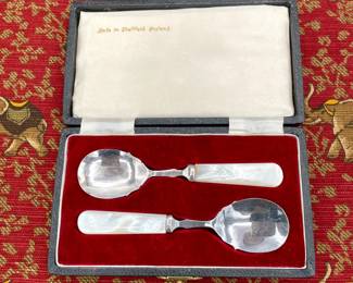 Sheffield England mother of pearl handled spoons with custom presentation box