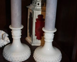 Pair milk glass candle candle holders w/candles