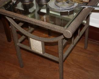 1 of 2 matching metal & glass end tables