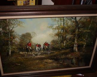 Large mat/framed oil on canvas Fox Hunt  signed