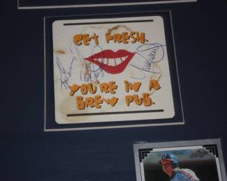 Framed college Ken Griffey/Barry Larkin/Mark Lewis/ & signed by all 3 'Get Fresh - You're in a Brew Pub' drink coaster