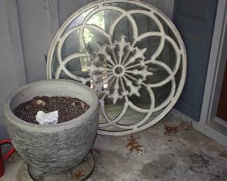 Outside round mirror & 1 of 2 matching pots