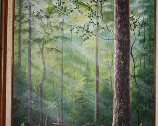 Matted framed oil on board green forest