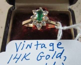 Vintage 14K, Emerald & Diamond Ring