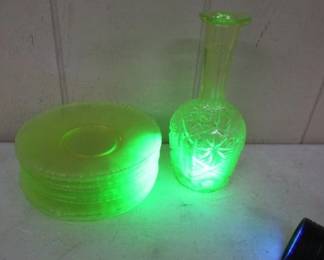 Vaseline Glass Plates & Decanter 