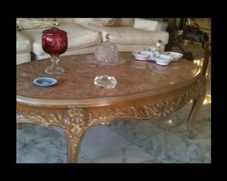 Pink Marble Oval Hand Carved Vintage Table