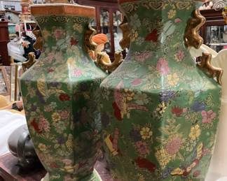 Asian Tall Porcelain Vases Foo Dog Handles