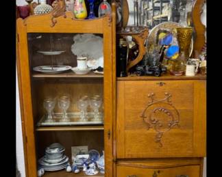 Antique display w/drop door desk w/ mirror