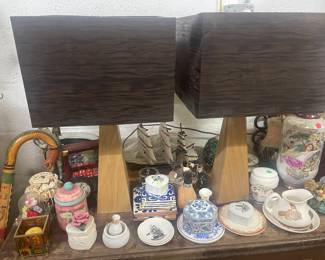 Pair of unique wood base lamps w/ unique shade
